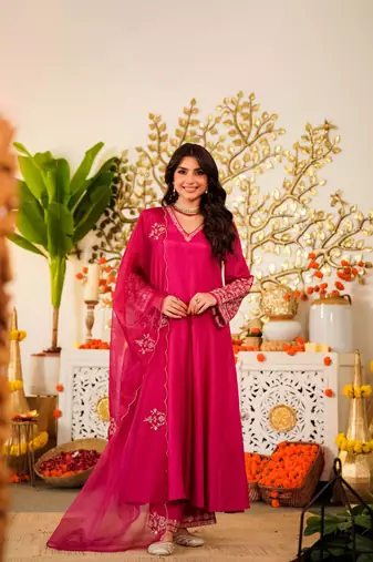 Embroidered Viscose Chanderi Flared Anarkali Pant and Dupatta Set