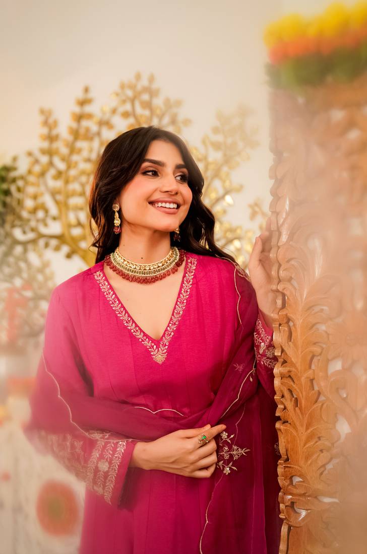 Embroidered Viscose Chanderi Flared Anarkali Pant and Dupatta Set