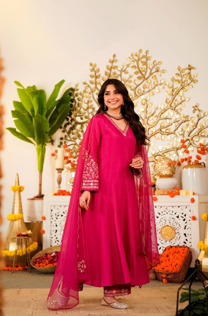 Embroidered Viscose Chanderi Flared Anarkali Pant and Dupatta Set