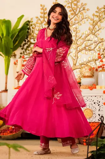 Embroidered Viscose Chanderi Flared Anarkali Pant and Dupatta Set