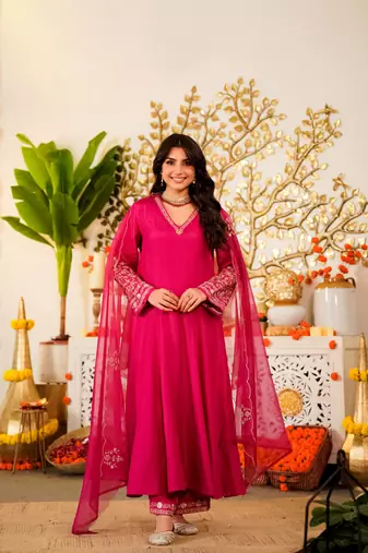Embroidered Viscose Chanderi Flared Anarkali Pant and Dupatta Set