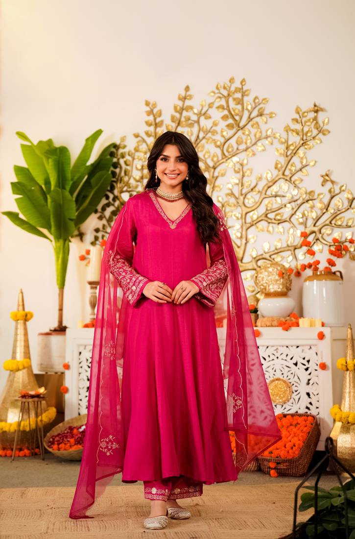 Embroidered Viscose Chanderi Flared Anarkali Pant and Dupatta Set