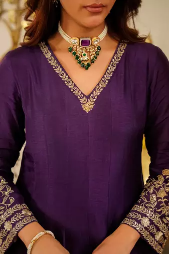 Embroidered Viscose Chanderi Flared Anarkali Pant and Dupatta Set