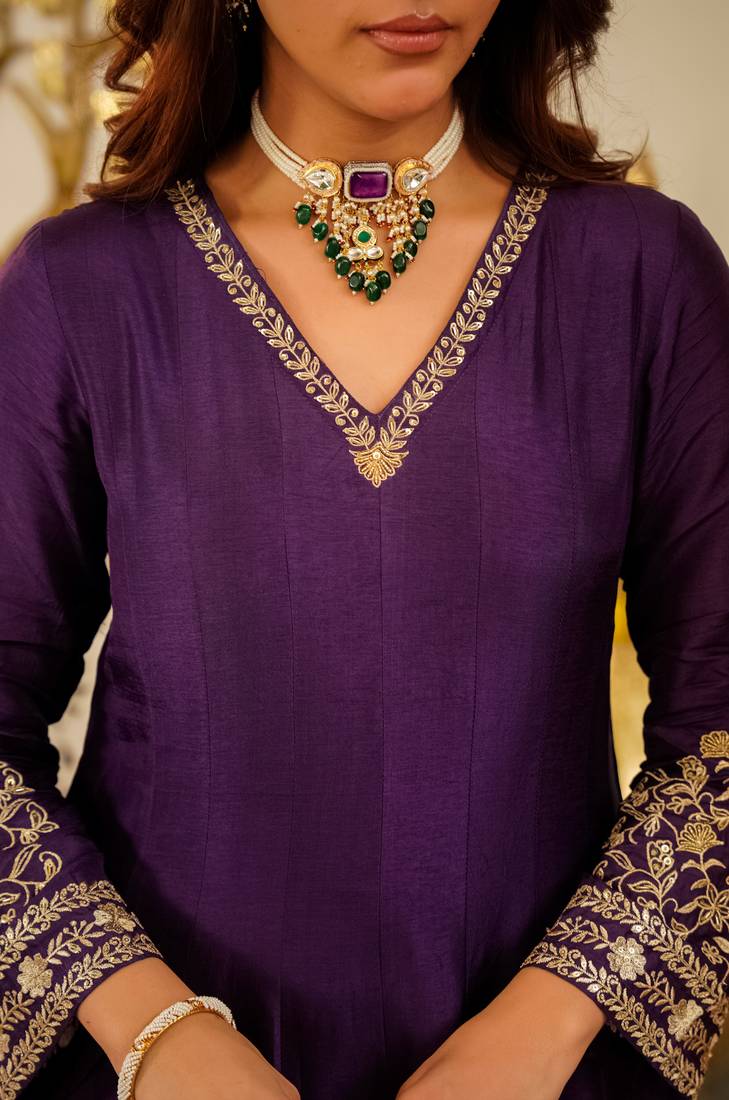 Embroidered Viscose Chanderi Flared Anarkali Pant and Dupatta Set