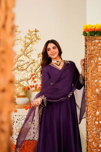 Embroidered Viscose Chanderi Flared Anarkali Pant and Dupatta Set
