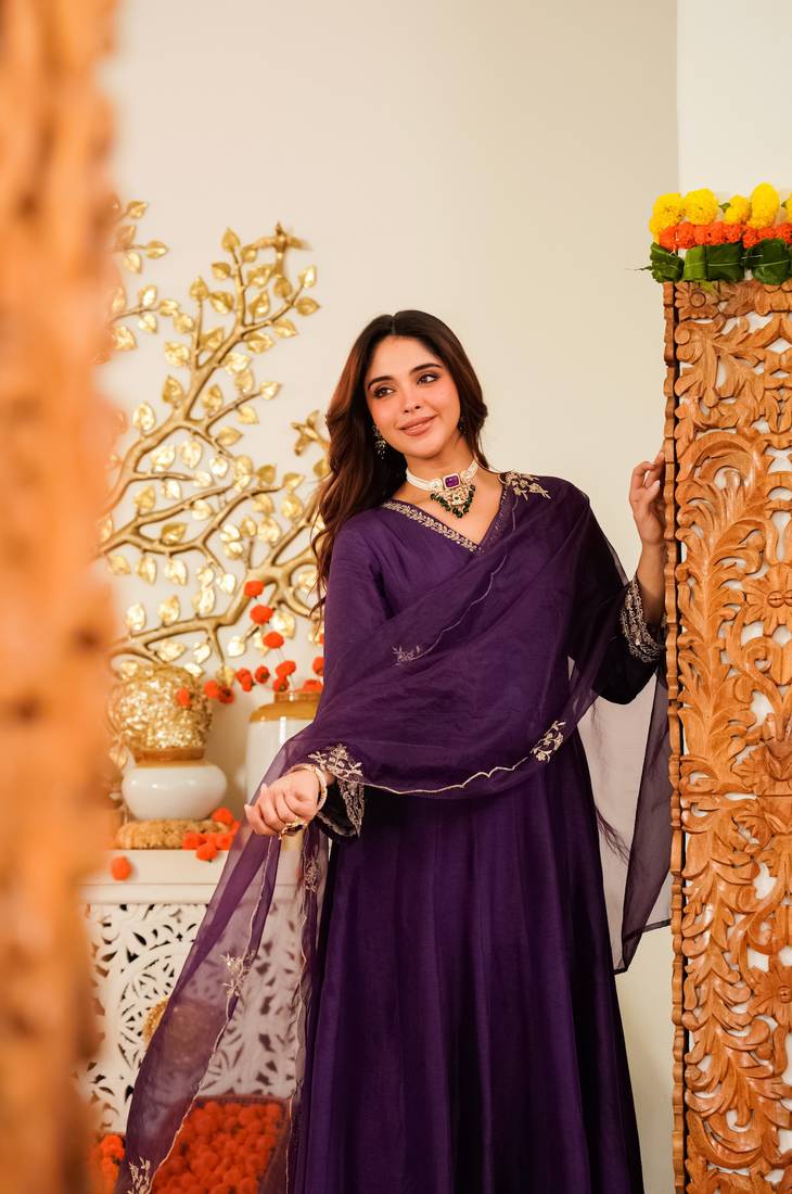 Embroidered Viscose Chanderi Flared Anarkali Pant and Dupatta Set