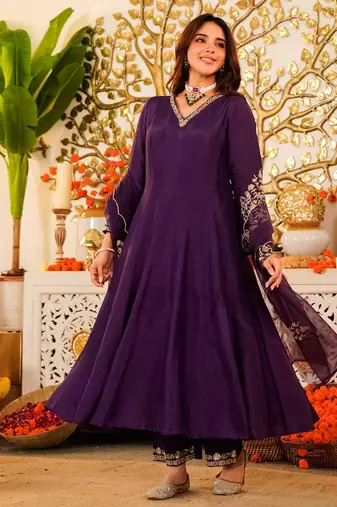 Embroidered Viscose Chanderi Flared Anarkali Pant and Dupatta Set
