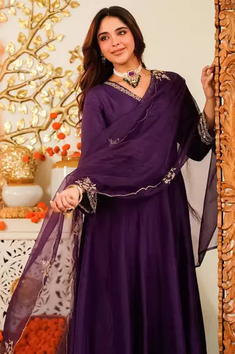 Embroidered Viscose Chanderi Flared Anarkali Pant and Dupatta Set