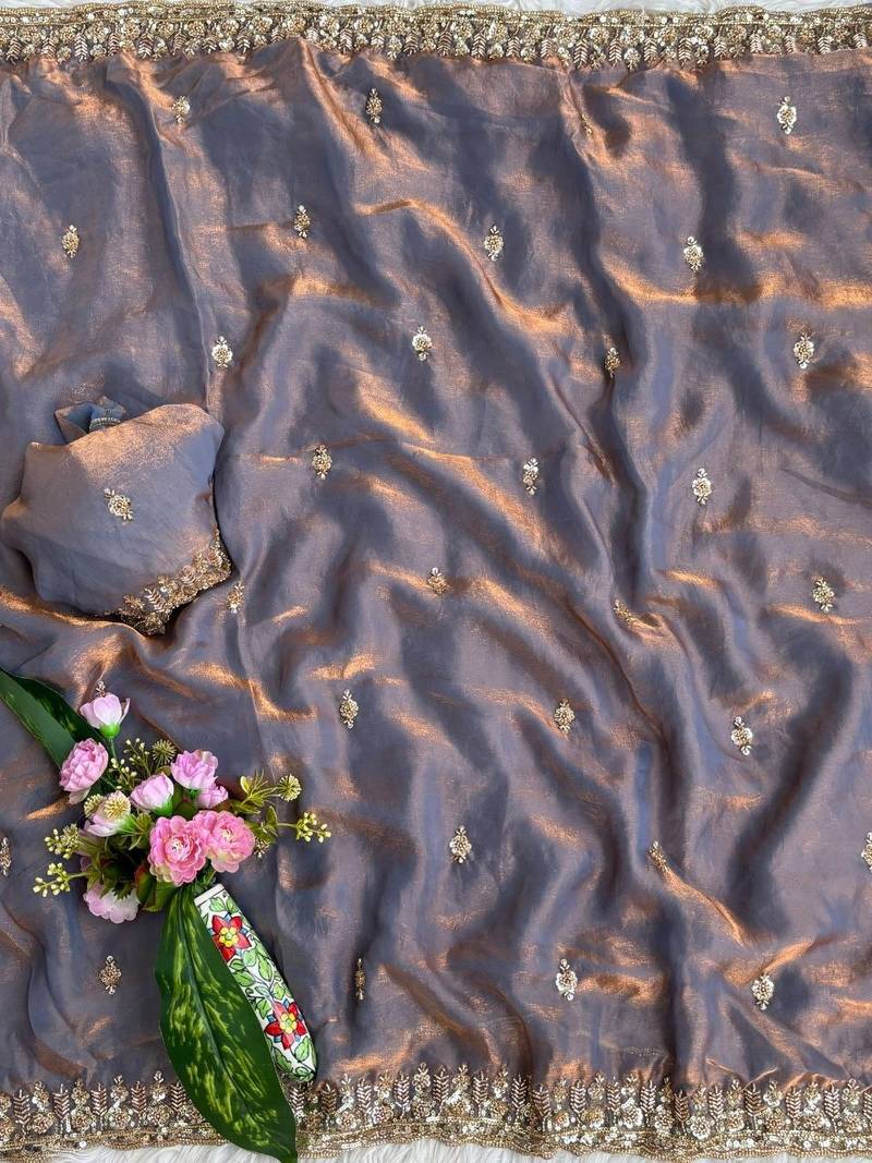Lavender Color beads and Hand Work Sartin Saree