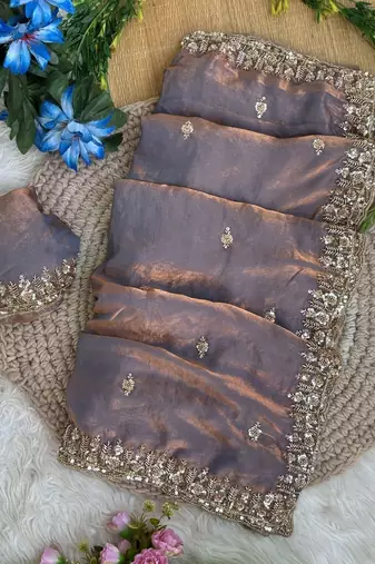 Lavender Color beads and Hand Work Sartin Saree
