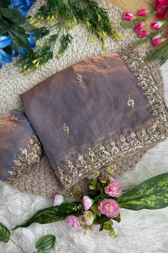 Lavender Color beads and Hand Work Sartin Saree