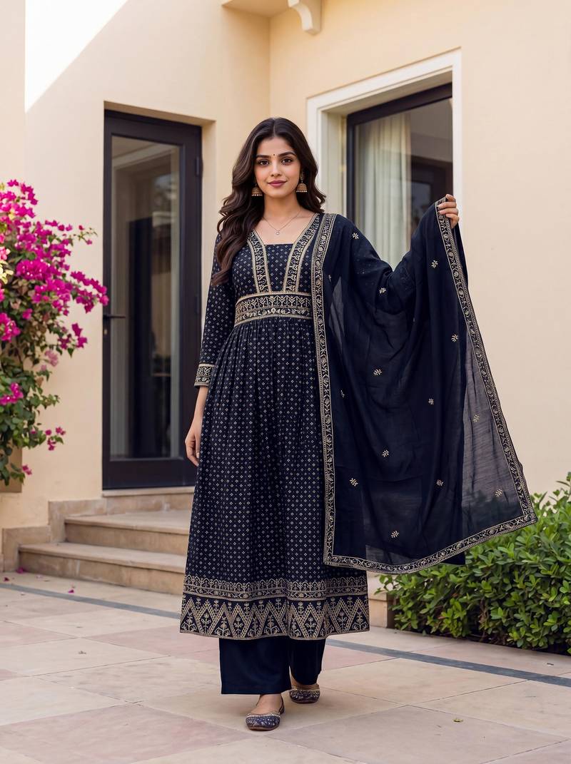 Printed Vichitra Silk Flared Kurta Palazzo and Dupatta Set