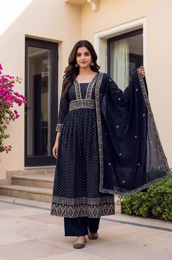 Printed Vichitra Silk Flared Kurta Palazzo and Dupatta Set