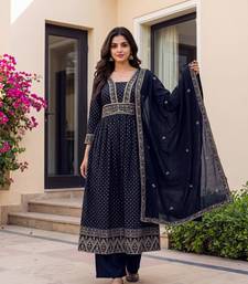 Printed Vichitra Silk Flared Kurta Palazzo and Dupatta Set
