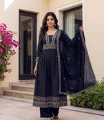 Printed Vichitra Silk Flared Kurta Palazzo and Dupatta Set