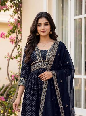 Printed Vichitra Silk Flared Kurta Palazzo and Dupatta Set 2