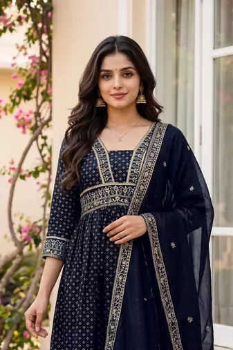 Printed Vichitra Silk Flared Kurta Palazzo and Dupatta Set