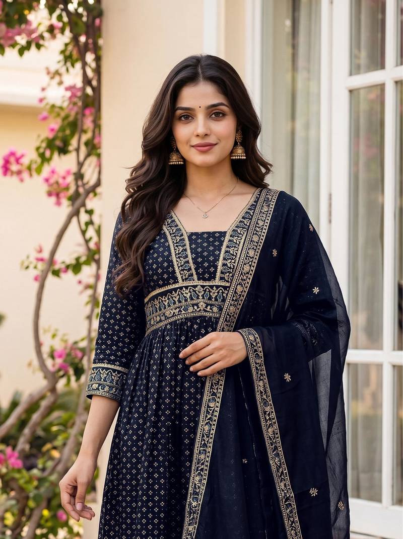 Printed Vichitra Silk Flared Kurta Palazzo and Dupatta Set