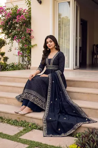 Printed Vichitra Silk Flared Kurta Palazzo and Dupatta Set