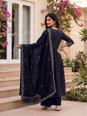 Printed Vichitra Silk Flared Kurta Palazzo and Dupatta Set 4