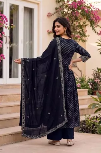 Printed Vichitra Silk Flared Kurta Palazzo and Dupatta Set