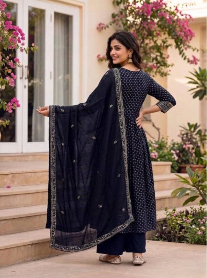 Printed Vichitra Silk Flared Kurta Palazzo and Dupatta Set