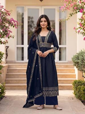Printed Vichitra Silk Flared Kurta Palazzo and Dupatta Set 5
