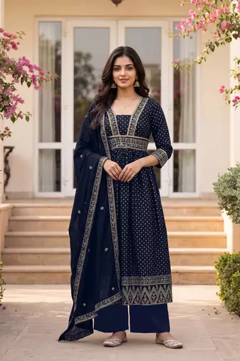 Printed Vichitra Silk Flared Kurta Palazzo and Dupatta Set