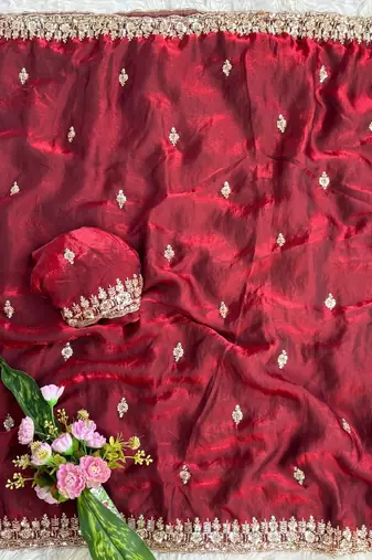 Maroon Color beads and Hand Work Sartin Saree