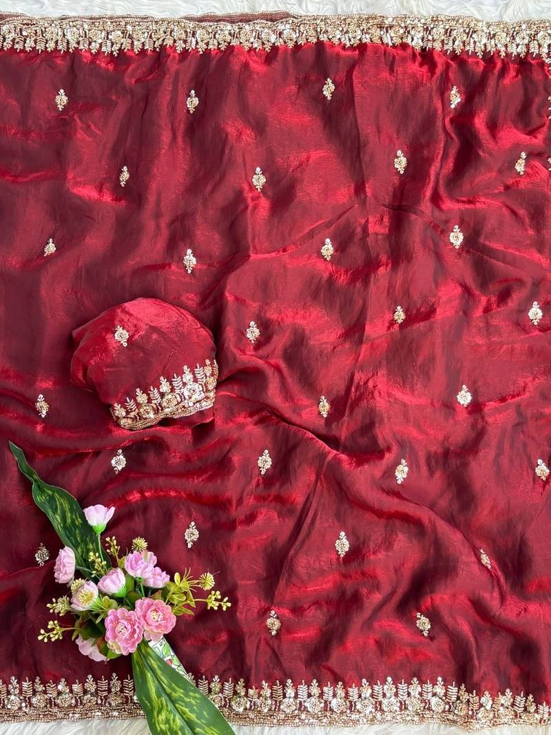 Maroon Color beads and Hand Work Sartin Saree