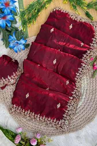Maroon Color beads and Hand Work Sartin Saree