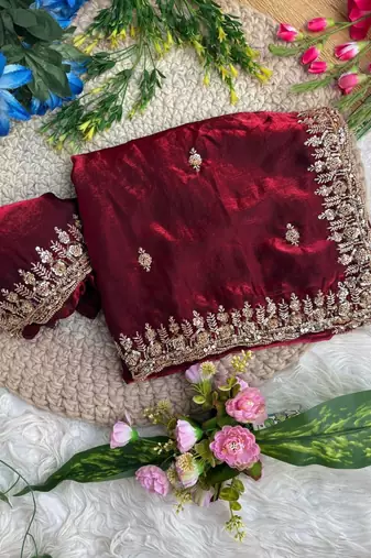 Maroon Color beads and Hand Work Sartin Saree
