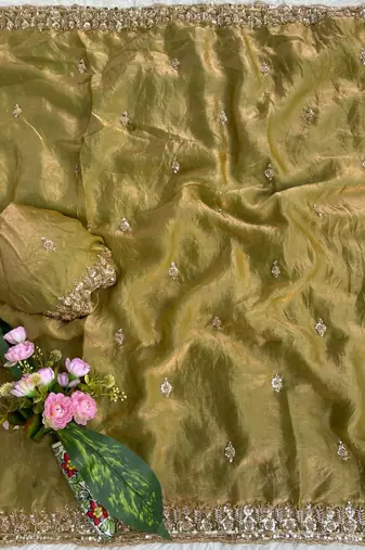 Olive Color beads and Hand Work Sartin Saree