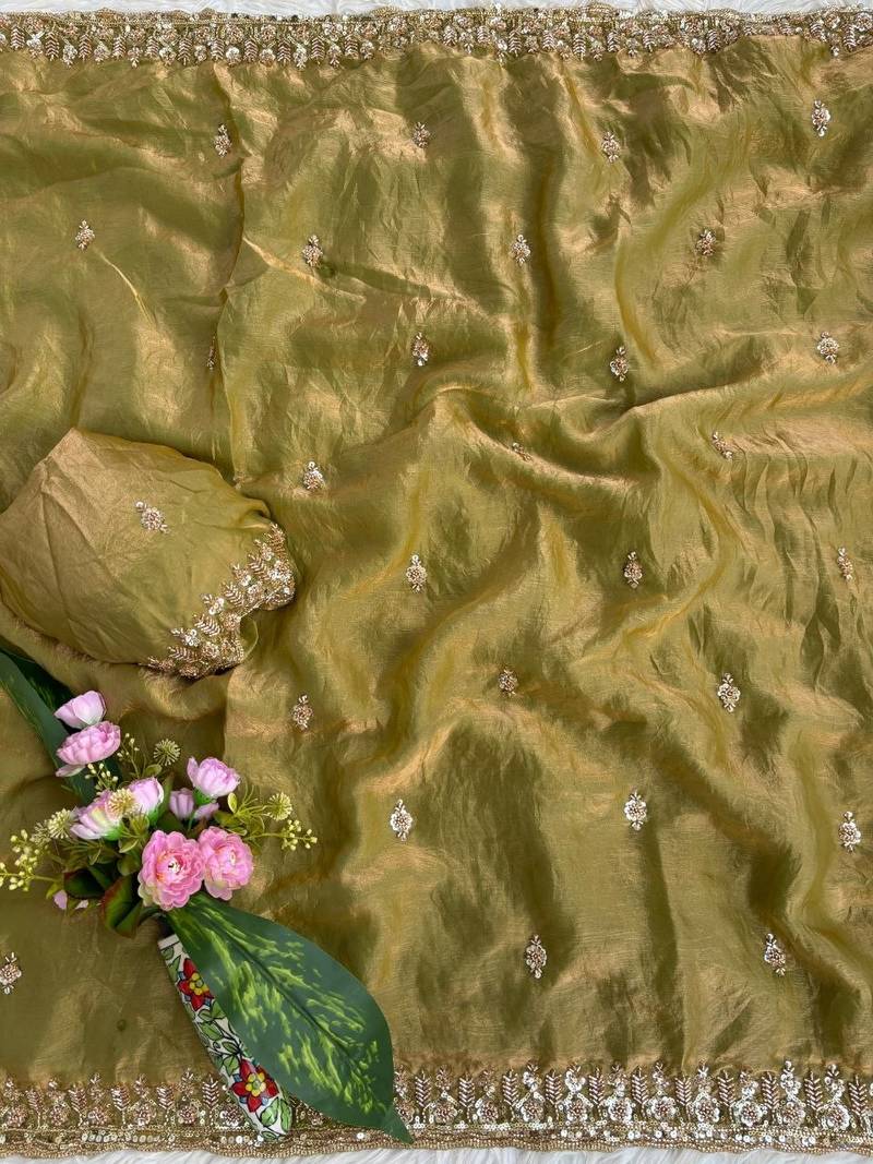 Olive Color beads and Hand Work Sartin Saree