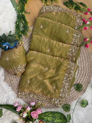 Olive Color beads and Hand Work Sartin Saree 2