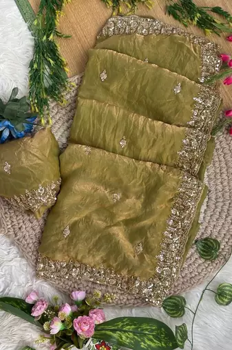Olive Color beads and Hand Work Sartin Saree
