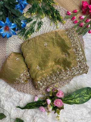 Olive Color beads and Hand Work Sartin Saree 3