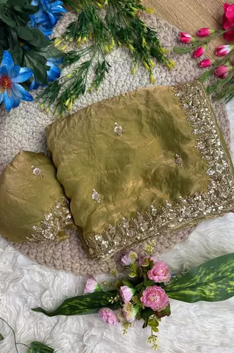 Olive Color beads and Hand Work Sartin Saree