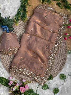 Peach Color beads and Hand Work Sartin Saree 2
