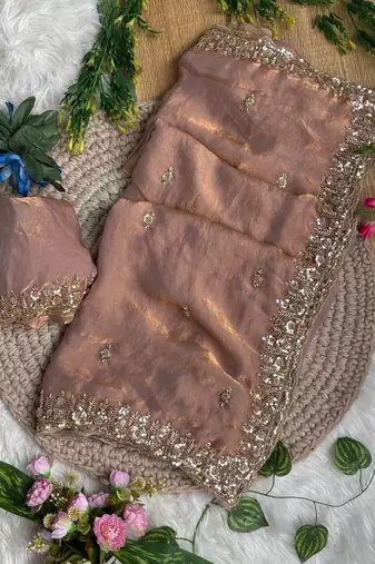 Peach Color beads and Hand Work Sartin Saree
