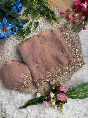 Peach Color beads and Hand Work Sartin Saree 3