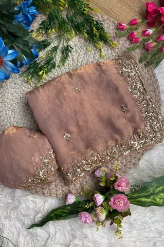 Peach Color beads and Hand Work Sartin Saree