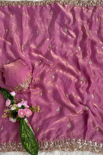 Pink Color beads and Hand Work Sartin Saree