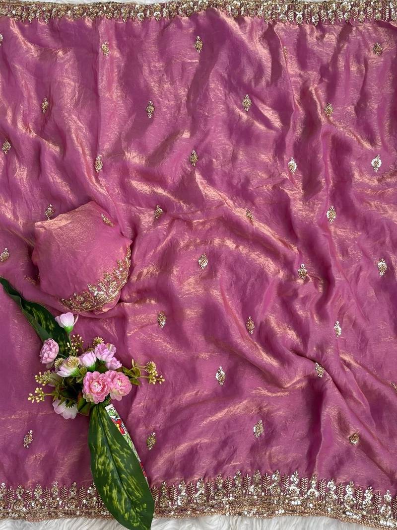 Pink Color beads and Hand Work Sartin Saree