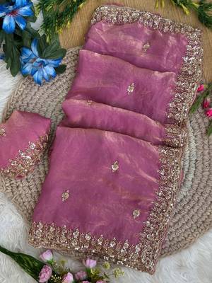 Pink Color beads and Hand Work Sartin Saree 2