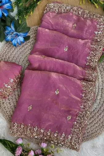 Pink Color beads and Hand Work Sartin Saree