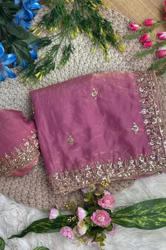 Pink Color beads and Hand Work Sartin Saree