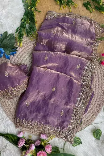 Purple Color beads and Hand Work Sartin Saree