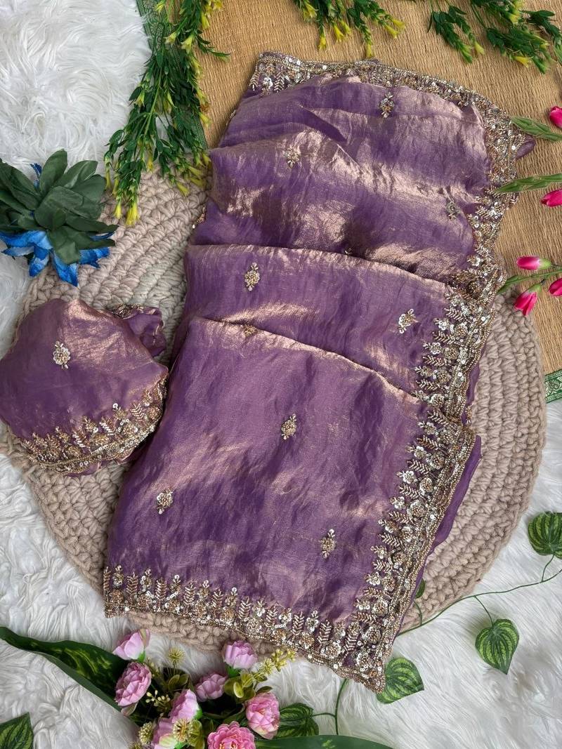Purple Color beads and Hand Work Sartin Saree