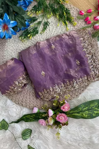 Purple Color beads and Hand Work Sartin Saree